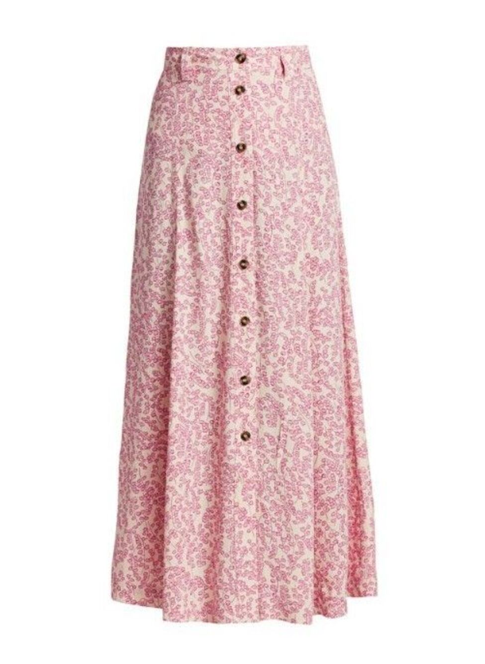 GANNI Floral Midi Skirt 10 Pink Viscose Crepe Button Up A-Line Scandi Normcore